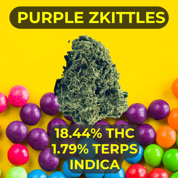 Purple Zkittles Indica cannabis flower that we sell at our cannabis dispensary in Oklahoma city